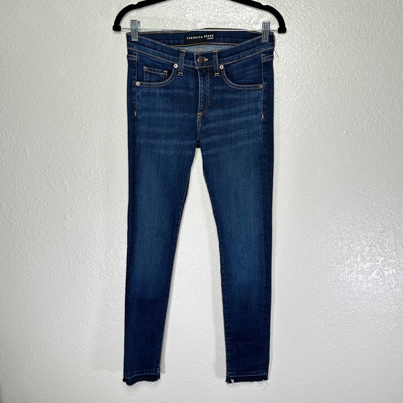 Veronica Beard Brooke Skinny Jean Mid Rise Midnight Fray Dark Blue Wash Women 28 - Picture 2 of 9